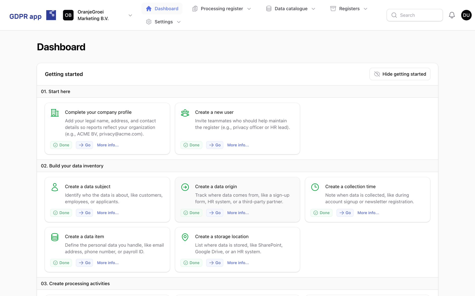 Getting started dashboard