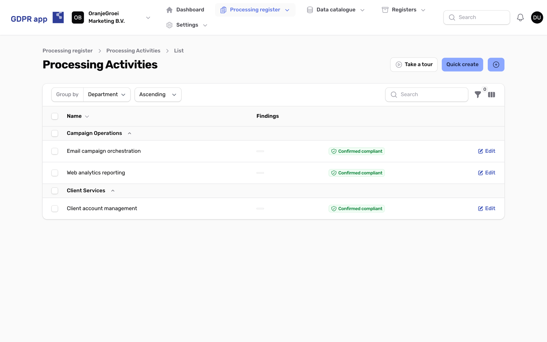 GDPR app processing register